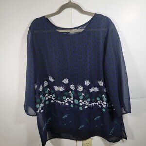 Easywear by Chico Blue Sheer Floral Navy Tunic Top NO SIZE TAG SEE MEASUREMENTS
